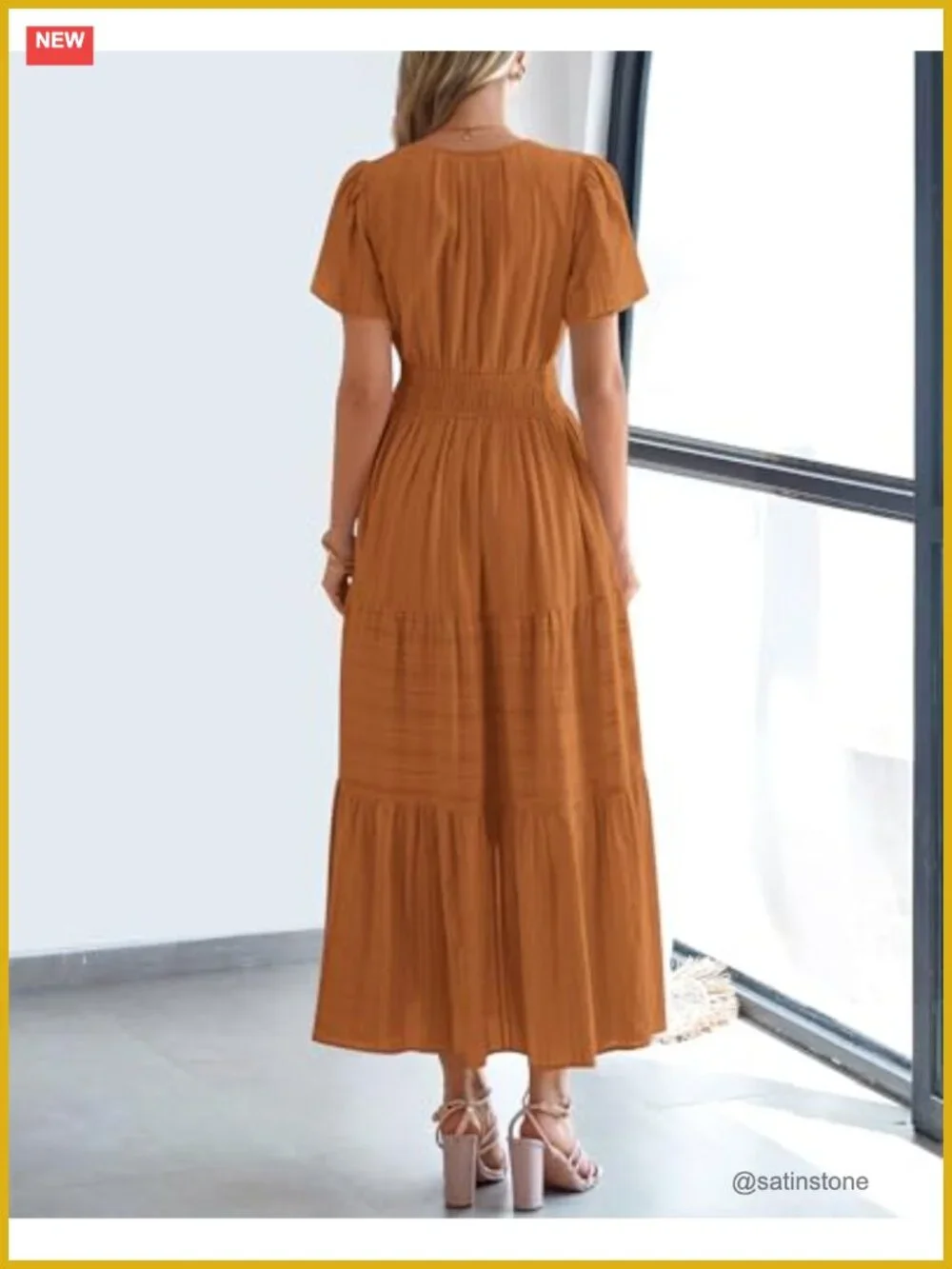 Lightweight Short Sleeve Maxi Dress V Neck Tiered Ruffle Elastic Waist with